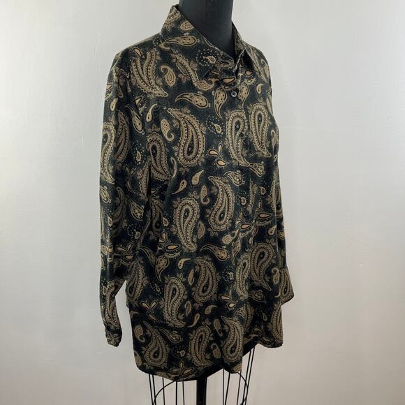 Tommy Hilfiger Black Tan Paisley Button-Up Cotton Shirt Top Long Sleeve Plus 16 - Picture 2 of 8